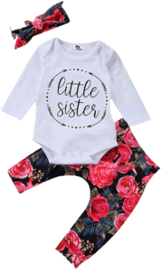 Baby girls little sister bodysuit tops floral pants bowknot headband outfits set