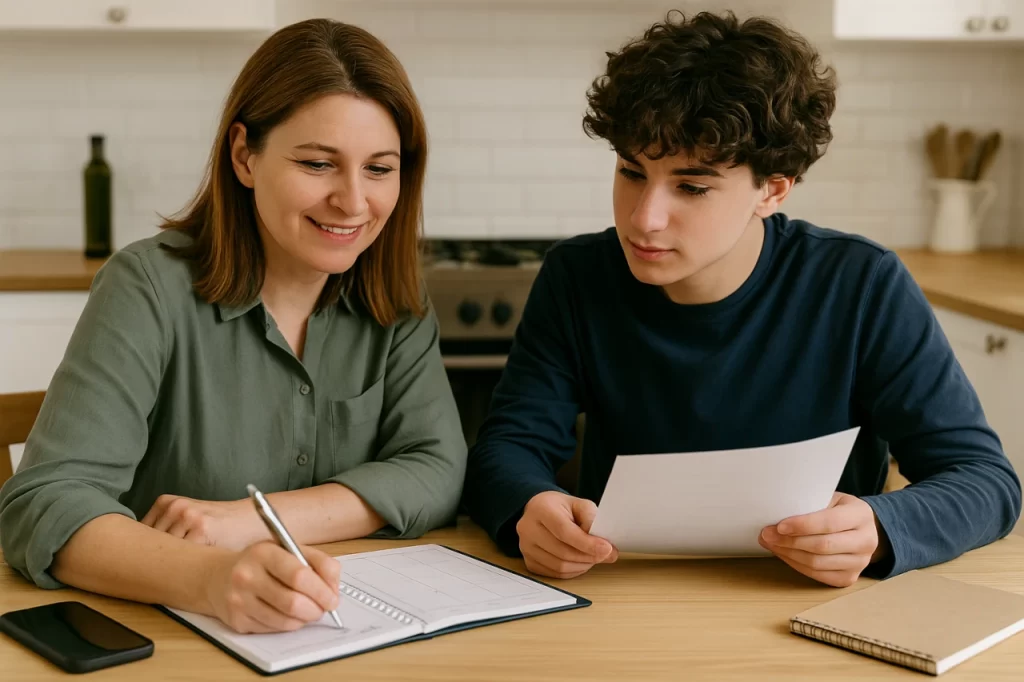 parent creating study plan with teenager son