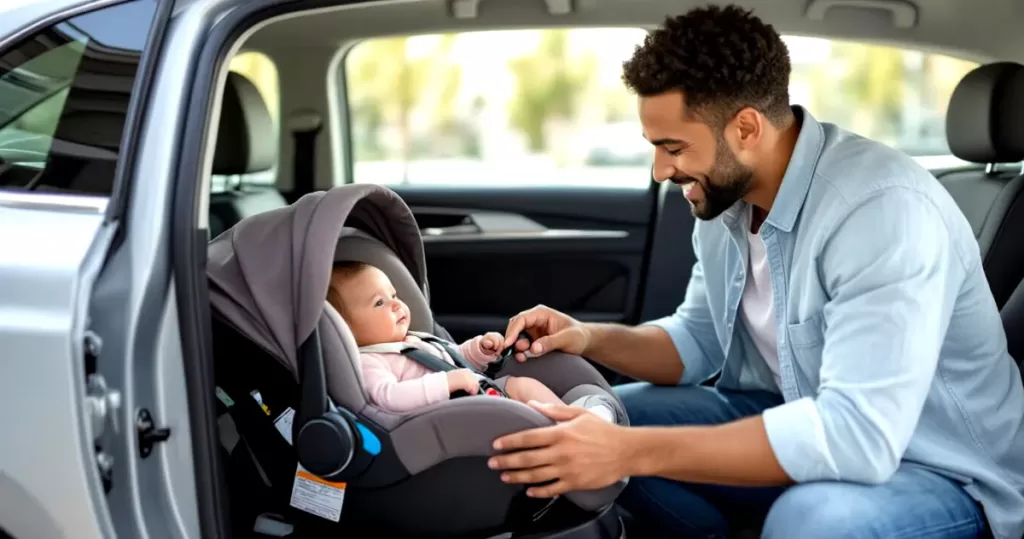 Father setting car seat