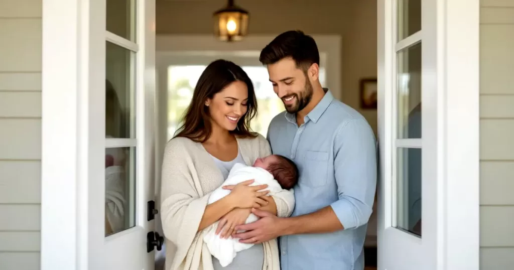 Parents welcoming their newborn home